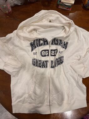 Garage White Hoodie Sweater with Navy Michigan Great Lakes Print